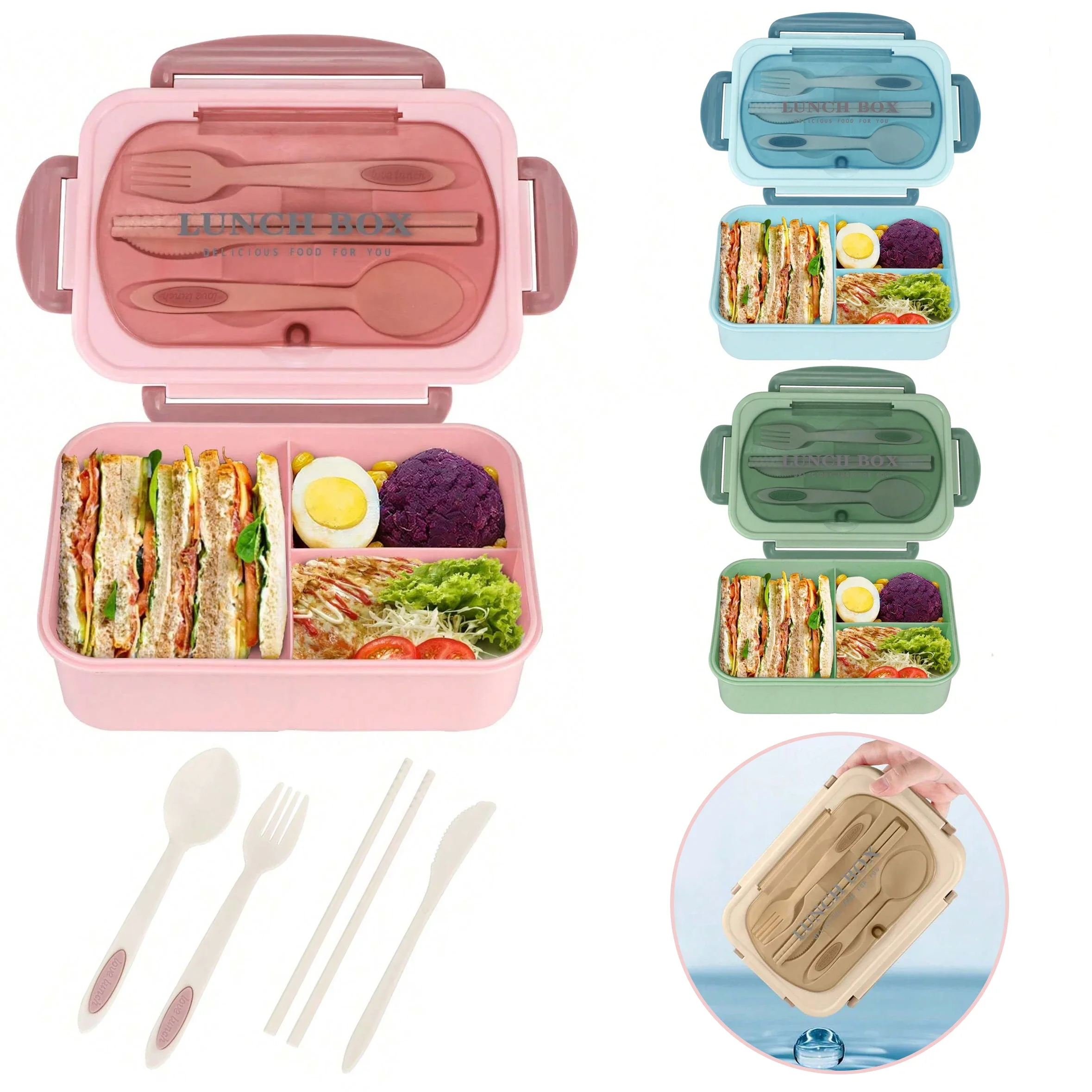 Food Storage Oven Safe - صندوق بنتو للبالغين بثلاثة أقسام، حاوية